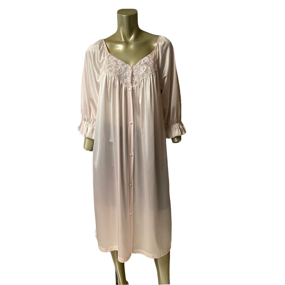 ViNTaGe Vanity Fair Pink Nylon Sissy Robe Housecoat Lace Trim Pockets L